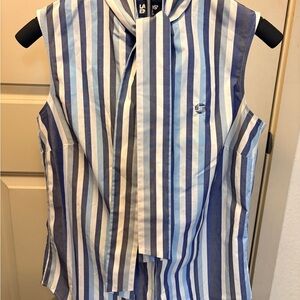 Chase Lands’ End Blue & White Striped Sleeveless Blouse w/ Tie Neck